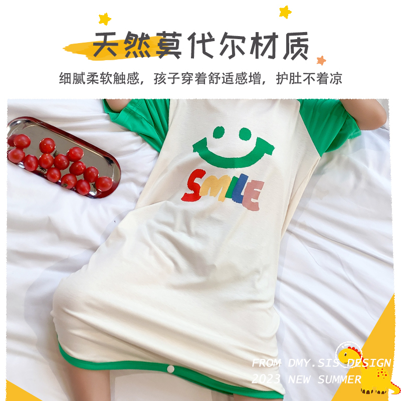 儿童连体睡衣卡通可爱女童薄款夏季莫代尔空调服男宝宝七分袖爬服 - 图2