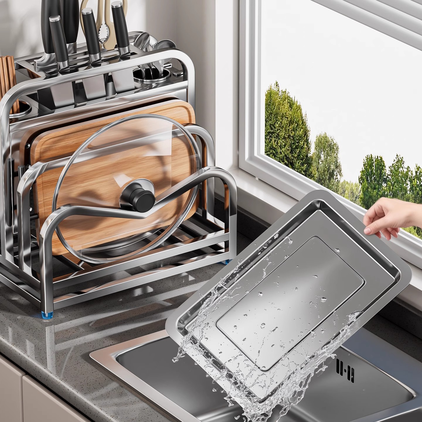 304不锈钢厨房刀架置物架多功能砧板菜板放置架子刀具收纳架一体 - 图3