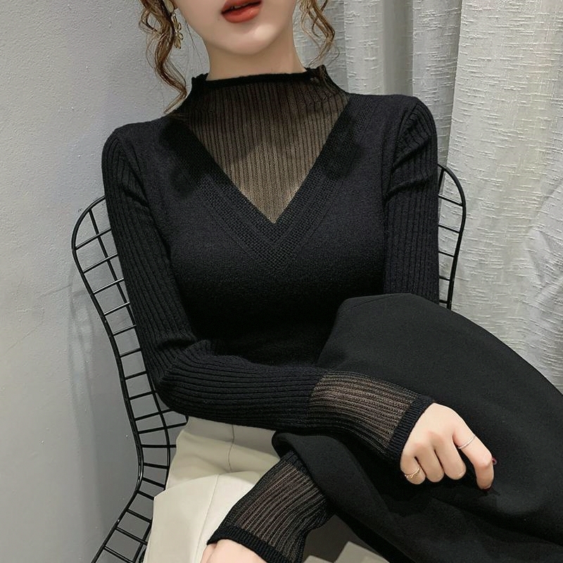 蕾丝镂空拼接半高领毛衣女秋冬新款修身显瘦针织打底衫女长袖上衣 - 图0