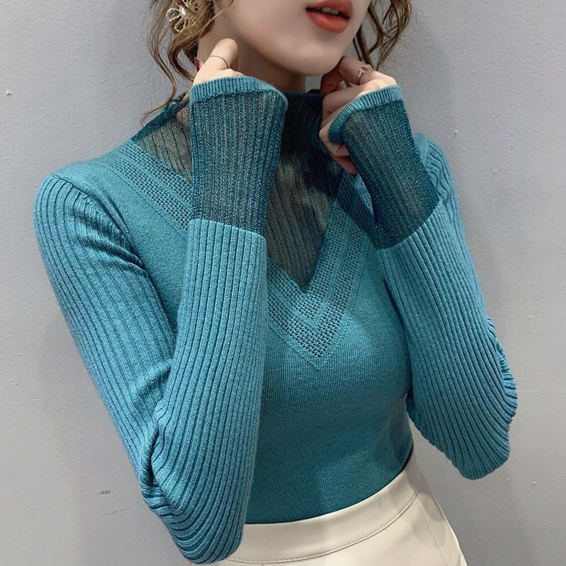 蕾丝镂空拼接半高领毛衣女秋冬新款修身显瘦针织打底衫女长袖上衣 - 图1