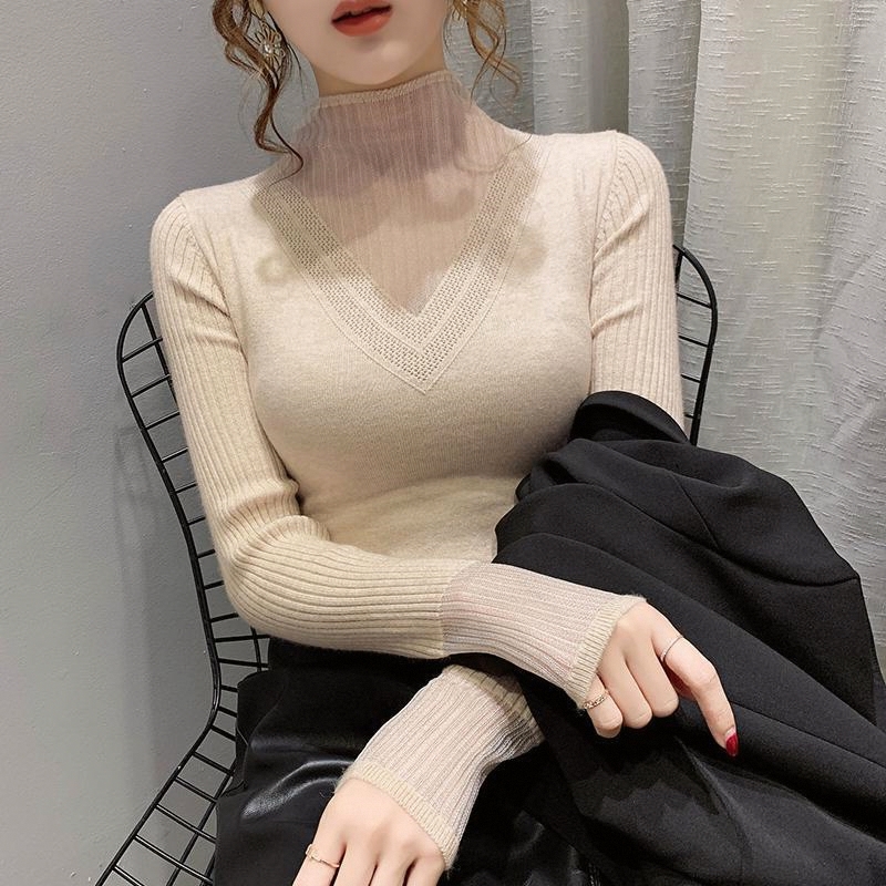 蕾丝镂空拼接半高领毛衣女秋冬新款修身显瘦针织打底衫女长袖上衣 - 图2