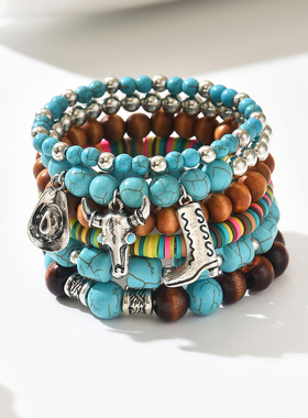 波西米亚风仿绿松石弹力手链套装