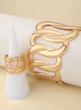 欧美跨境货源几何夸张线条缠绕手镯戒指套装开口可调节女士饰品