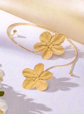 欧美跨境货源复古法式金属花朵臂环手镯开口可调节度假夸张饰品女