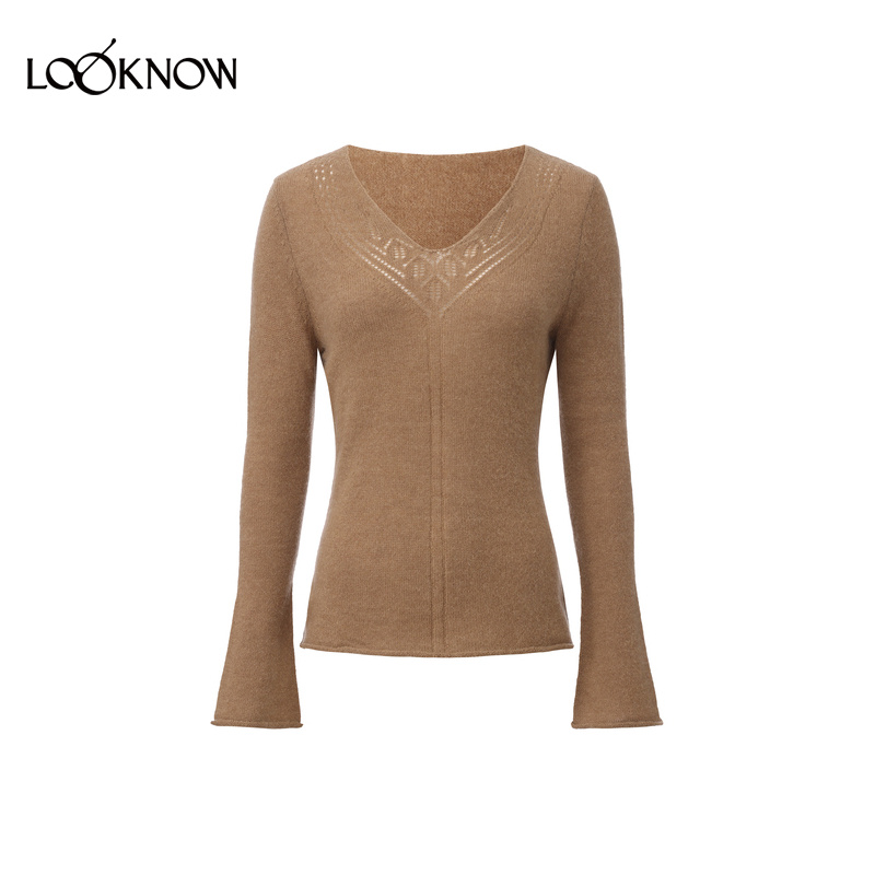 halfmoon x LOOKNOW2025秋冬新款白色v领提花针织衫女