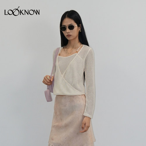 halfmoon x LOOKNOW2026春季新款白色下摆纽结衫 - 图0