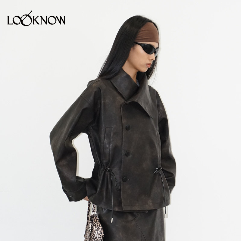madeinormal X LOOKNOW2025秋冬新款黑色大翻领仿皮风衣抽绳外套,淘宝优惠券,粉丝福利购,淘宝优惠卷