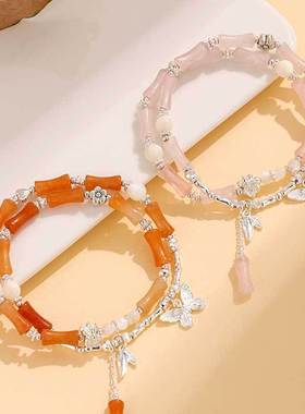 马蹄贝珠双圈竹节串珠粉水晶手链女新中式黄东陵橄榄玉手串