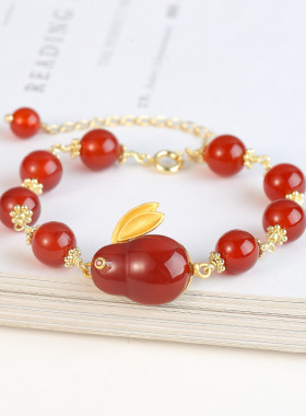 【前兔无量】天然和田玉玉兔手链女14K镀金红玛瑙尾链延长链串珠