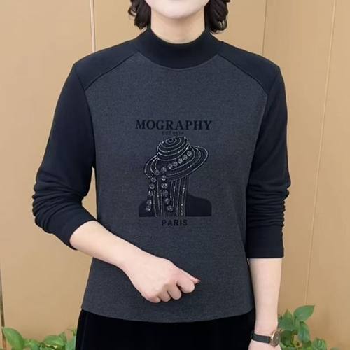 双面德绒打底衫女秋冬季新款内搭显瘦妈妈装时尚镶钻保暖长袖上衣 - 图2