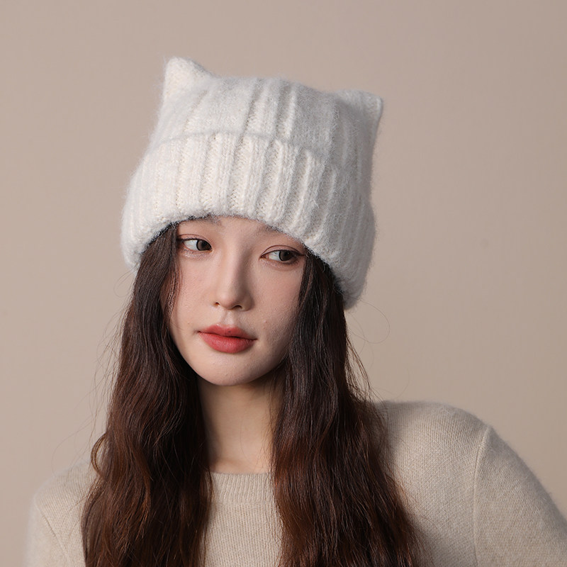 猫耳朵可爱毛线帽女秋冬季加厚包头护耳帽大头围百搭毛绒针织帽子,淘宝优惠券,粉丝福利购,淘宝优惠卷