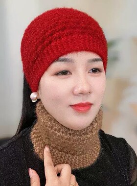 秋冬毛线帽子女保暖头巾包头帽头套女针织帽宽边护额遮白发发带帽