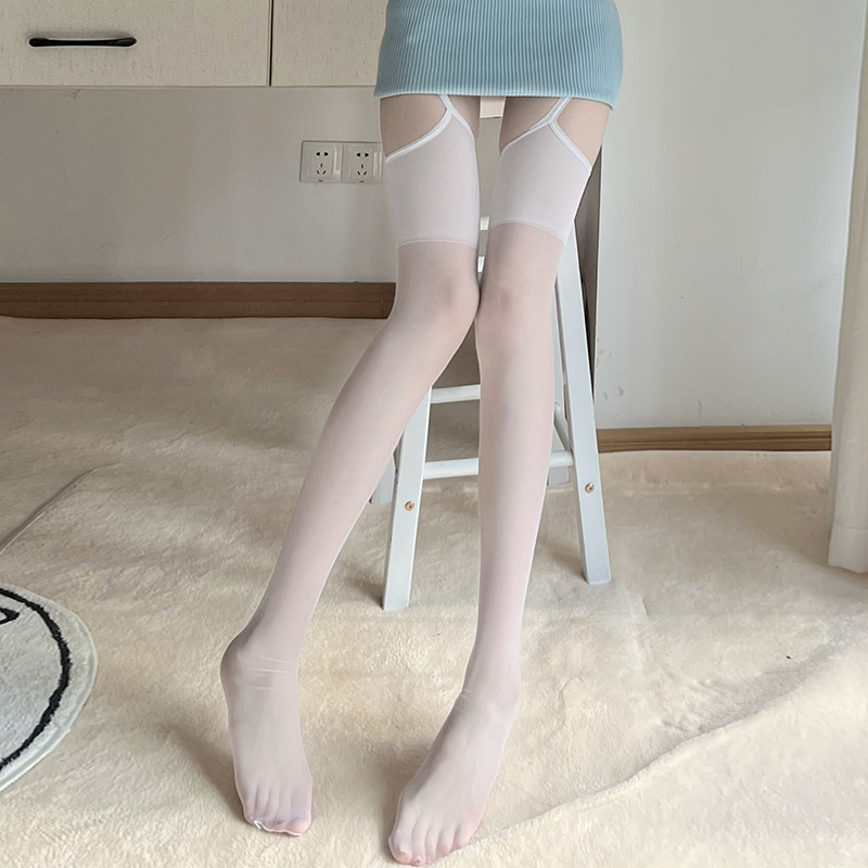 网红吊带丝袜纯欲白丝连身吊带裤女蕾丝性感超薄一体式长筒过膝袜 - 图0