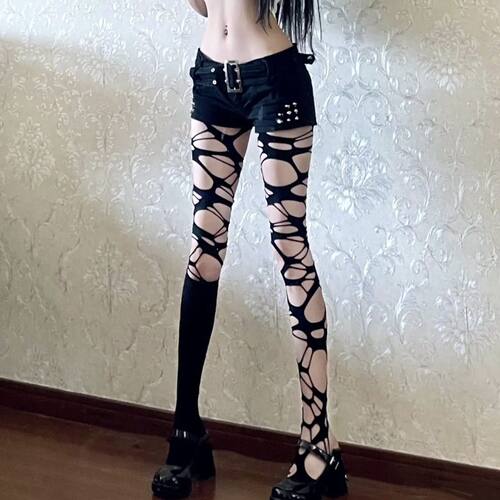 不规则渔网袜哥特朋克勒肉辣妹亚文化JK黑色破洞丝袜打底连裤网袜 - 图1