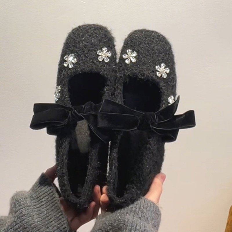 法式毛绒玛丽珍鞋女2025年冬季新款蝴蝶结水钻花朵豆豆鞋毛呢单鞋,淘宝优惠券,粉丝福利购,淘宝优惠卷