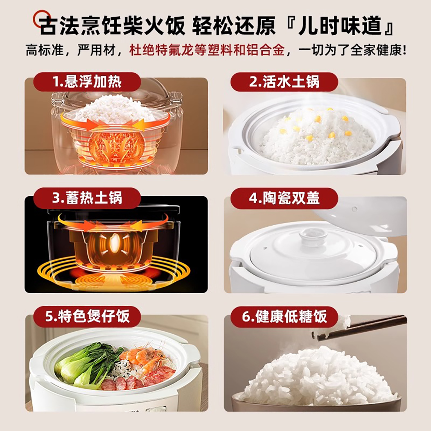 无涂层0电饭煲陶瓷内胆迷你电饭煲1-2人4-6低糖大容量蒸米饭锅5L3 - 图2
