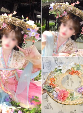 古风小斗笠帷帽套装成品粉紫色花