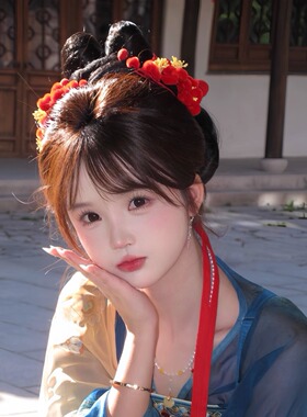 唐风红色汉服桃子发夹毛绒发叉子