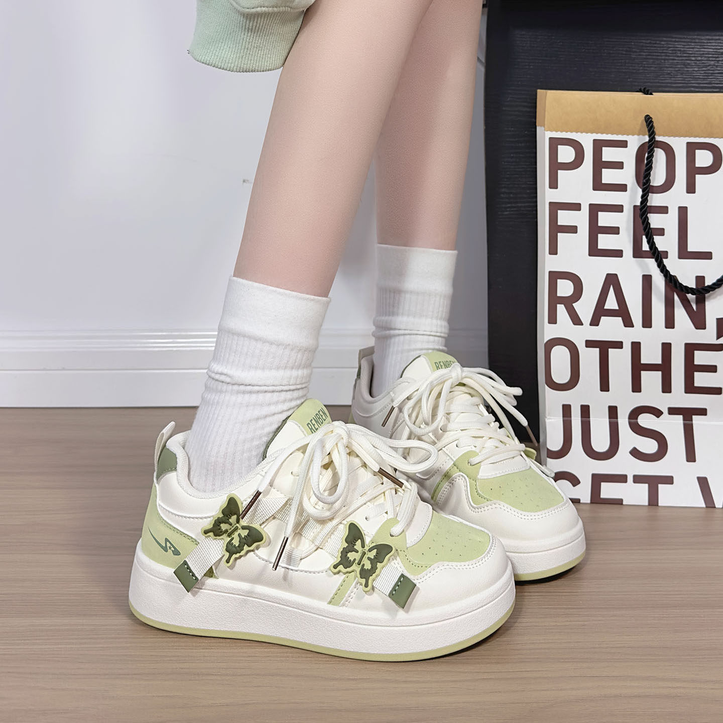 人本抹茶绿蝴蝶小白鞋女2025新款爆款时尚百搭休闲鞋厚底韩版板鞋,淘宝优惠券,粉丝福利购,淘宝优惠卷