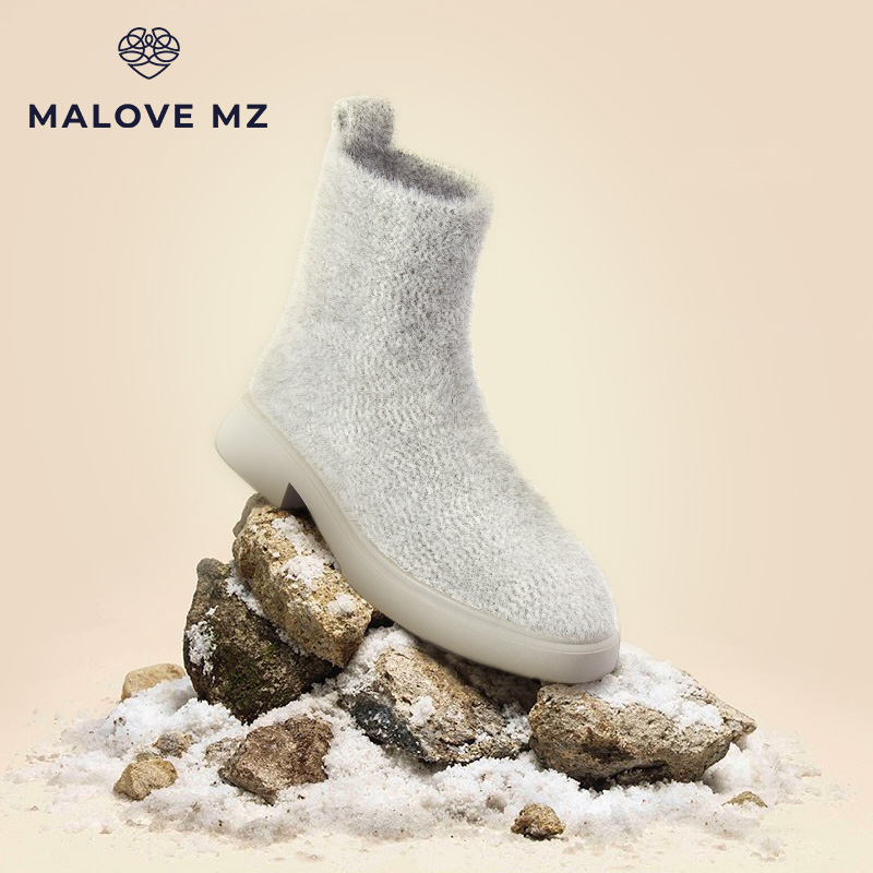 MALOVE MZ瘦瘦靴泰迪熊毛毛短靴女2024冬季新款保暖厚底靴雪地靴