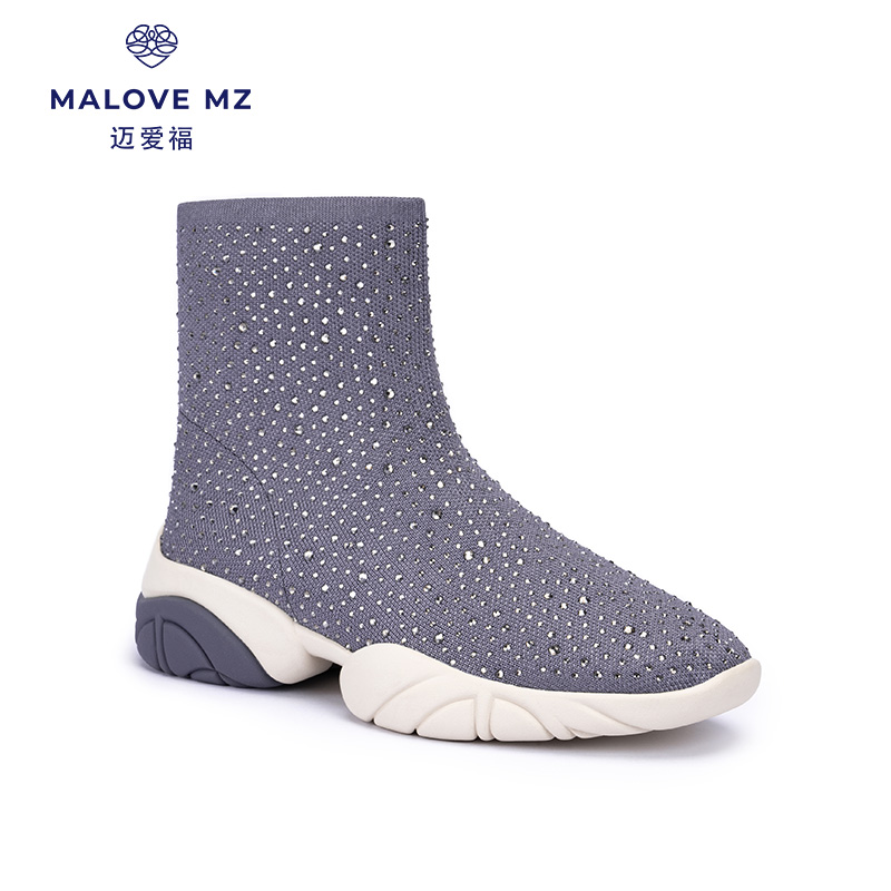 MALOVE MZ女鞋2024秋冬新款烫钻厚底运动弹力靴袜靴女休闲靴短靴