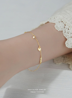 女925银光面爱心闪钻手链冷淡风