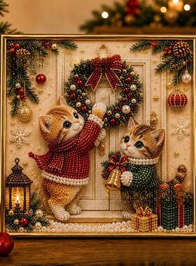 新品3D Pearl Christmas Kitty Art Kit 圣诞猫咪DIY钻石画工艺品