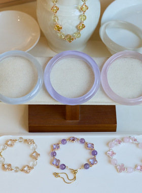 普陀山文四叶草水晶手链女马粉粉黛佳人新中式猫眼手镯送礼