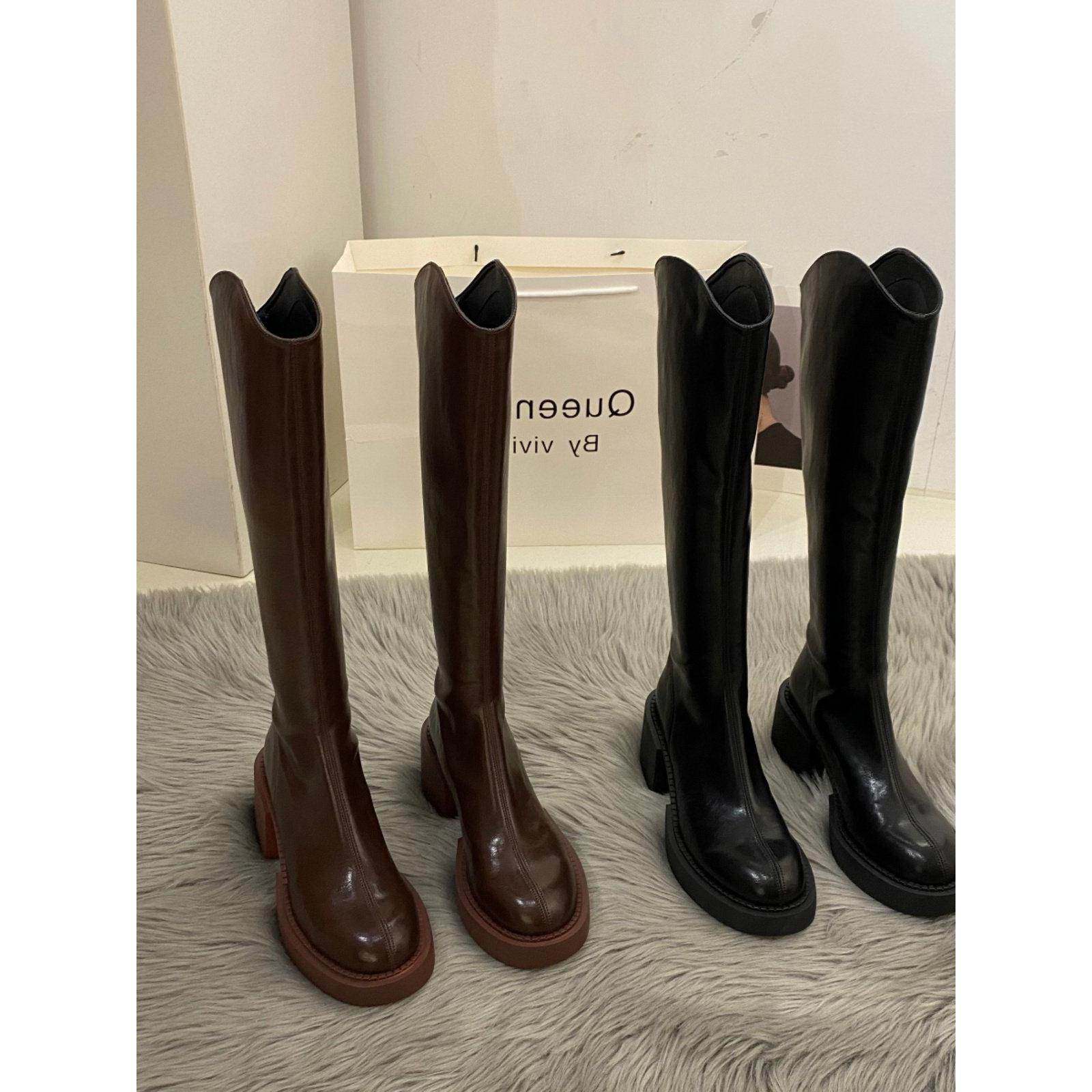 潮牌高跟小众棕色长筒骑士靴女鞋新款春秋冬季中筒V口高筒长靴子,淘宝优惠券,粉丝福利购,淘宝优惠卷