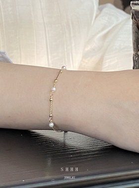 SHHH/切花金条天然珍珠手链美国14k包金极简轻奢氛围感配饰不掉色