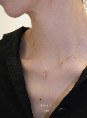 美国14k锁骨链双十字架项链女