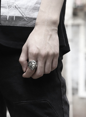 原创 霸气狮子精雕纯银s925个性夸张开口指环男潮宽面狮子座戒指