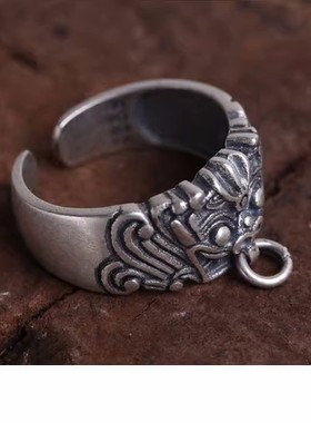 国潮黑金神兽狍鸮瑞兽上古神兽龙生九子开口戒指戒指麒麟面具指环