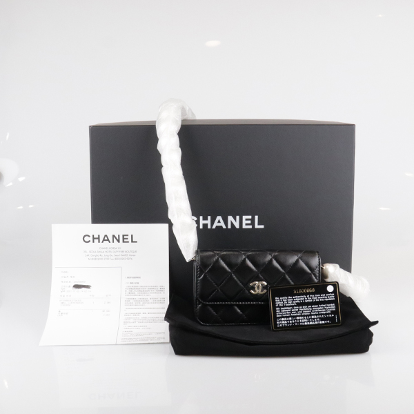 SH「9.5新」CHANEL(香奈儿)珍珠链条口盖钱包黑色牛皮单肩包AP189