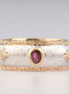 「95新」日本进口商品复古拉丝工艺红宝石钻石戒指750WGBRANDOFF