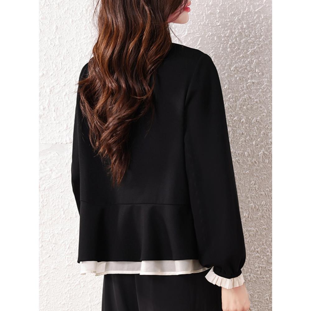 JOYIASS拼接木耳领衬衫女2025秋季新款长袖宽松休闲百搭减龄上衣 - 图0