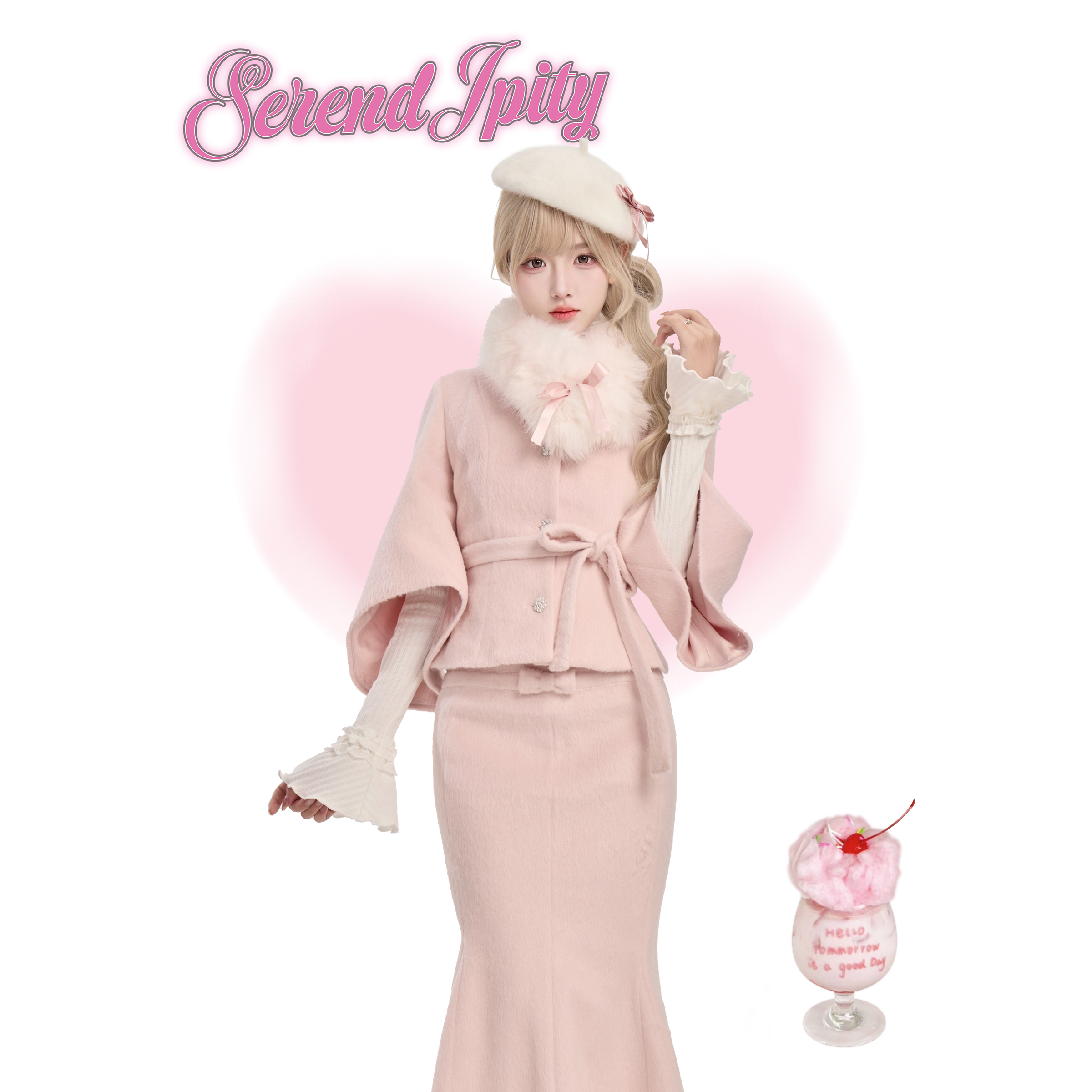 少女椰子【千金系】绒雪恋曲冬季针织上衣+毛呢短外套+鱼尾裙套装 - 图1