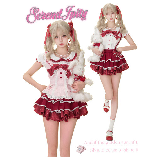 少女椰子草莓慕斯夏日穿搭套装短袖衬衫送蝴蝶结+围裙+波点背带裙 - 图0