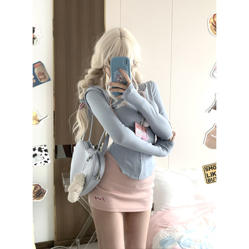 少女椰子/少女游泳馆 秋冬蓝色紧身上衣防晒衫包臀裙运动辣妹套装 - 图0