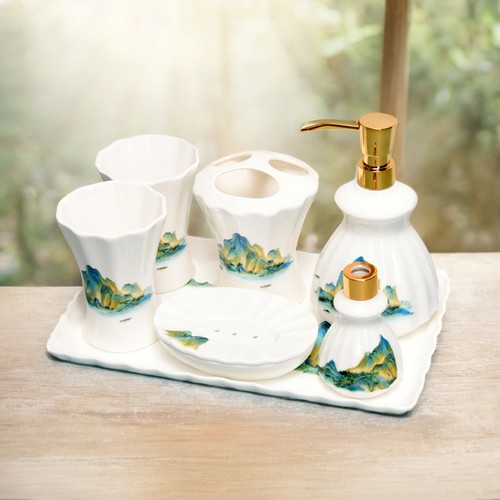 莲之莲欧式陶瓷刷牙漱口杯牙具卫生间洗漱套装浴室轻奢卫浴五件套 - 图1