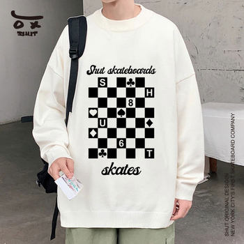 SHUT checkerboard poker letter print ດູໃບໄມ້ລົ່ນແລະລະດູຫນາວບວກກັບ velvet thickened ເສື້ອ sweater ຄໍຮອບສໍາລັບຄູ່ຜົວເມຍຜູ້ຊາຍແລະແມ່ຍິງ