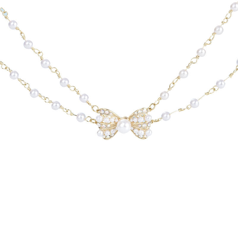 简梵洛女夏白色珍珠蝴蝶结感锁骨链 简梵洛项链