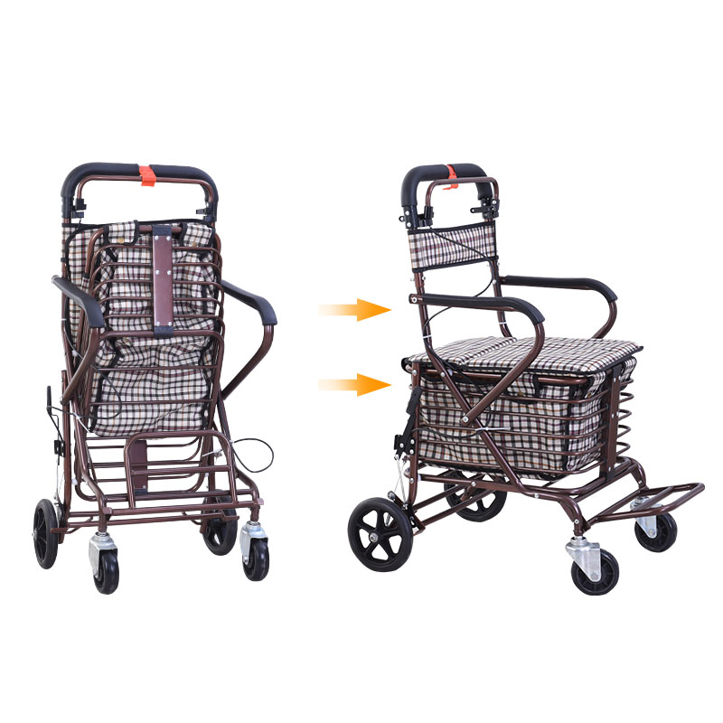Foldable carbon steel pushing portable storage car for elderly