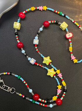 多巴胺彩色方块串珠长斜挎挂绳链条手机壳包包通用防丢挂饰女潮流