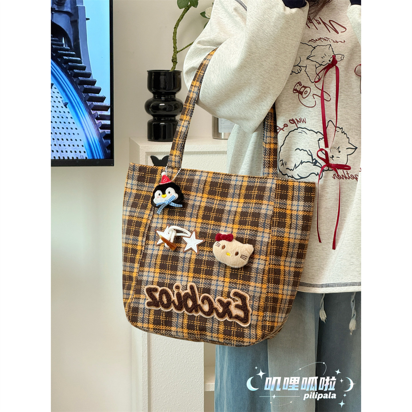 日系复古卡通托特包秋冬毛呢休闲单肩包少女日常通勤大容量手提袋,淘宝优惠券,粉丝福利购,淘宝优惠卷