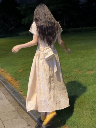 Платье, приталенная длинная юбка, осеннее, французский стиль, V-образный вырез, подходит для подростков