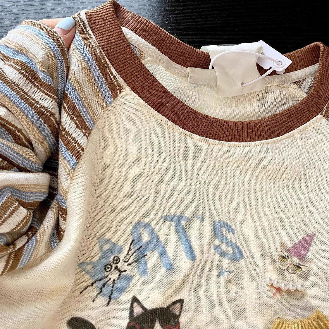 深圳南油高端女装可爱猫咪复古条纹插肩袖圆领T恤少女心百搭上衣,淘宝优惠券,粉丝福利购,淘宝优惠卷