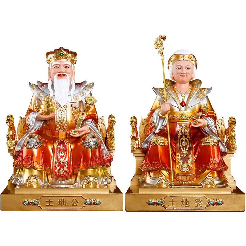 新款铜彩土地公像土地公土地婆神像摆件福德财神土地爷土地奶佛像_虎窝淘