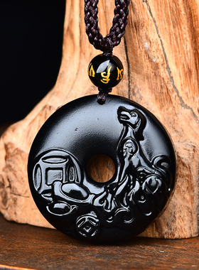 易开明光居贵犬乘舟乌金黑曜石平安扣2026年属兔吉祥物男女佩戴物