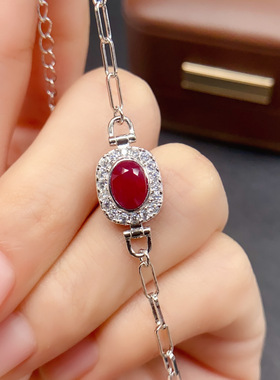 跨境亚马逊天然红宝石手链S925银主石5*7热销耳饰女设计感小众